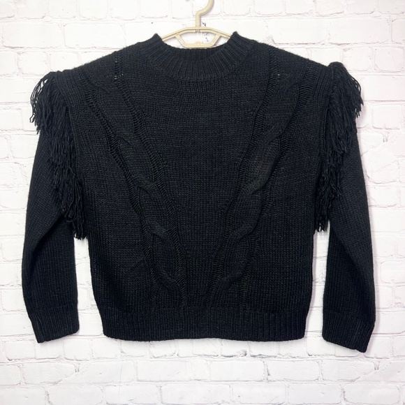 ESQUALO Sweaters - NWOT |•ESQUALO•| Black Cable Knit Fringe Shoulder Sweater Size Medium
